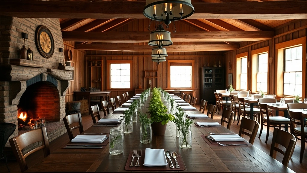Rustic farm-to-table restaurant dining room with exposed wooden beams, fireplace with warm fire glowing, communal long wooden table with place settings, fresh herb arrangements in mason jars, soft natural light from windows, comfortable mismatched vintage chairs, intimate and welcoming atmosphere
