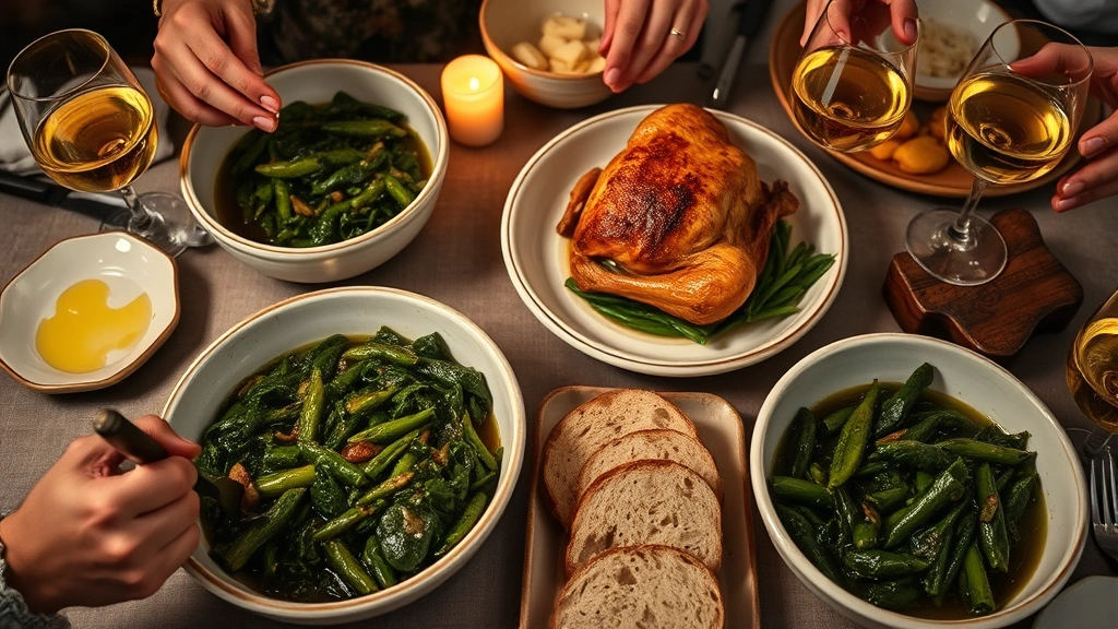 Close-up of family-style dining spread featuring steaming bowls of braised greens, roasted chicken with crispy skin, fresh crusty bread, small plates of butter and olive oil, wine glasses with golden wine, hands reaching to share dishes, warm candlelight reflecting off ceramic bowls and glassware