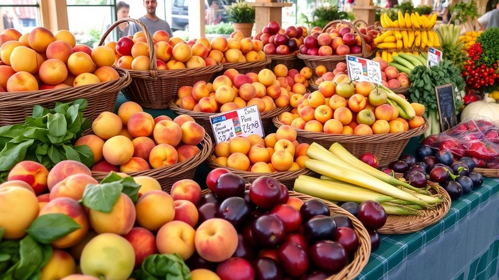 Vibrant farmers market scene with overflowing baskets of fresh Wenatchee stone fruits—peaches, apricots, plums—and colorful vegetables ready for restaurant preparation