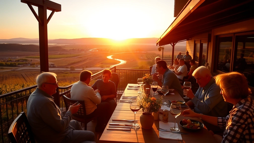 Golden-hour photograph of an outdoor restaurant patio overlooking the Columbia River Valley with diners enjoying meals, wine glasses catching sunlight, surrounded by local agriculture landscape