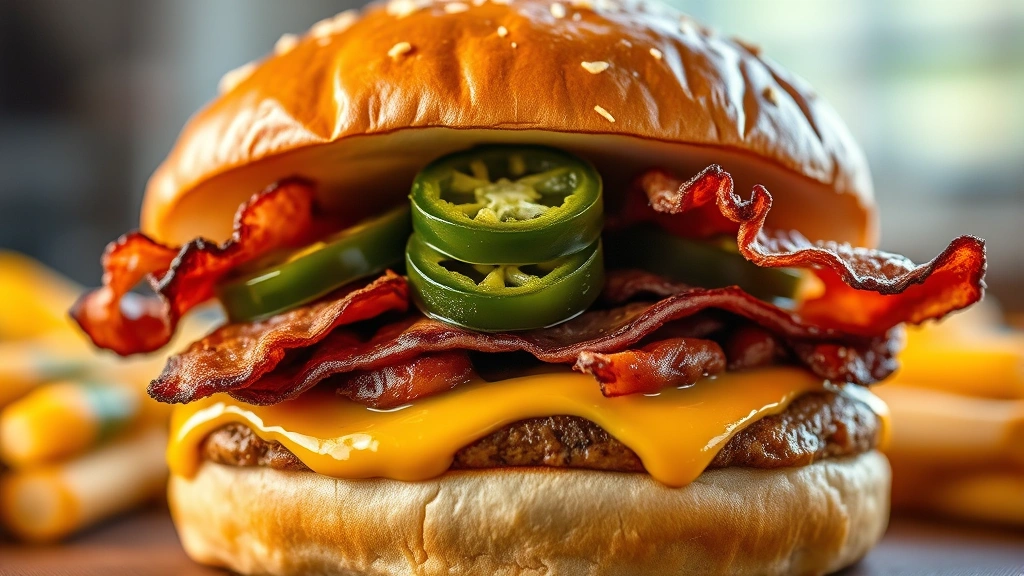 Close-up of a gourmet burger with crispy bacon, fresh jalapeños, melted cheese, and golden-brown patty, steam rising, professional food photography with shallow depth of field, warm natural lighting highlighting texture and juiciness