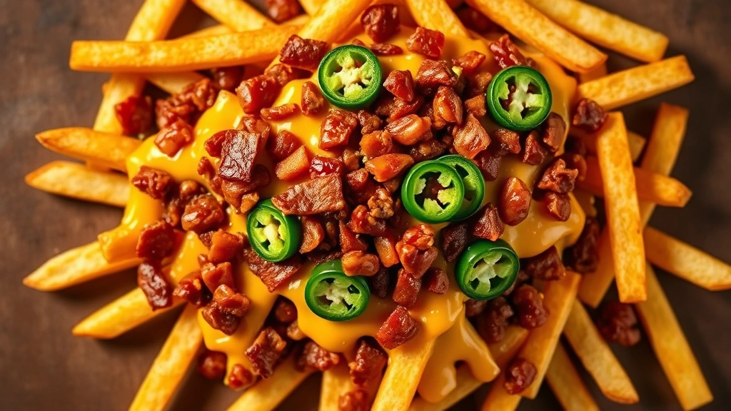 Overhead flat lay of Wendy's fries topped with melted cheese, chili, crispy bacon bits, and green jalapeño slices, vibrant colors, appetizing composition, warm studio lighting with shadows emphasizing texture contrast