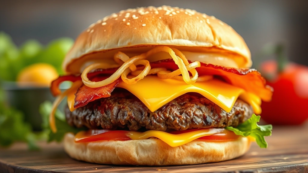 Artistic shot of a loaded cheeseburger sandwich with multiple layers visible—beef patty, crispy onion strings, melted Swiss cheese, bacon strips—photographed at 45-degree angle with fresh tomato and lettuce, professional culinary styling, appetizing depth of field