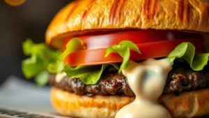 Close-up of a perfectly seared Wendy's beef burger with grill marks, fresh lettuce, ripe tomato slice, and creamy custom sauce dripping down the side, professional food photography lighting, shallow depth of field, appetizing presentation