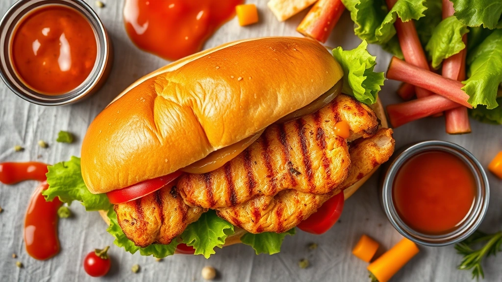 Overhead flat lay of Wendy's grilled chicken sandwich with golden-brown exterior, vibrant green lettuce, colorful vegetables, and artisanal sauce, natural daylight, food styling magazine quality, no text visible