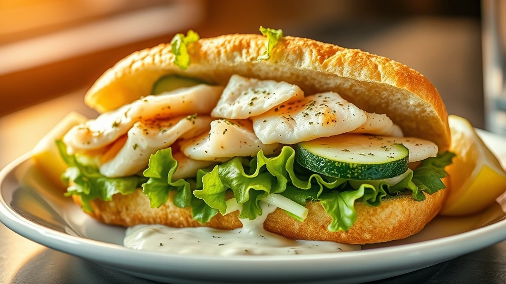 Artistic shot of Wendy's seafood sandwich showing delicate flaked fish, crispy lettuce texture, fresh cucumber slices, lemon wedge, and herb-infused creamy sauce, professional culinary photography, warm golden tones, restaurant-quality plating
