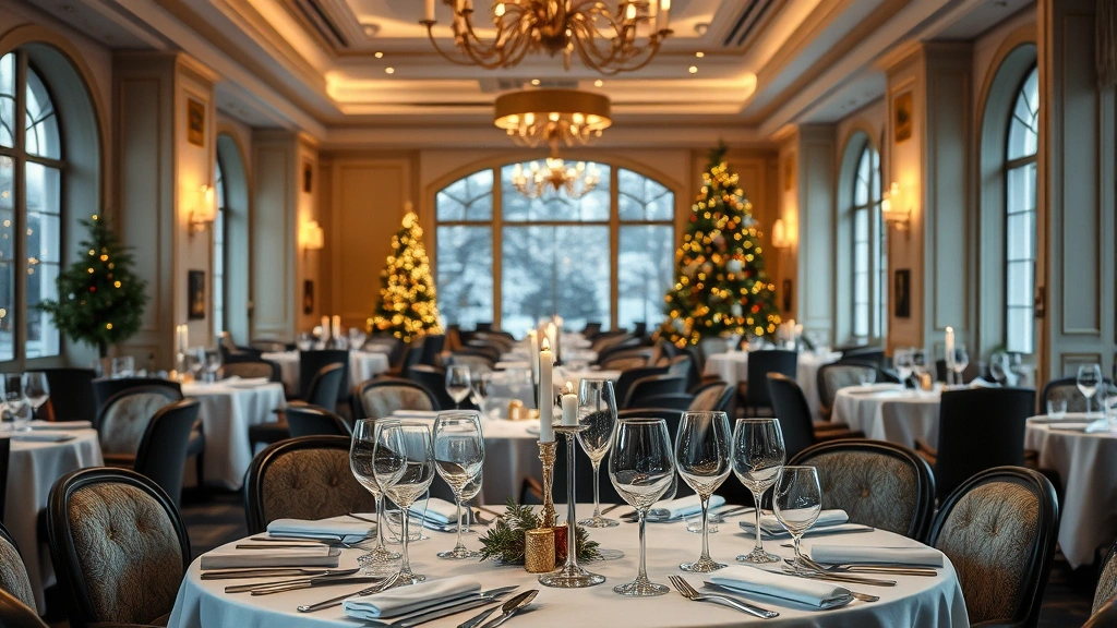 Luxury restaurant dining room decorated for Christmas with subtle gold accents, white tablecloths, flickering candlelight, elegant place settings with multiple wine glasses, sophisticated holiday ambiance