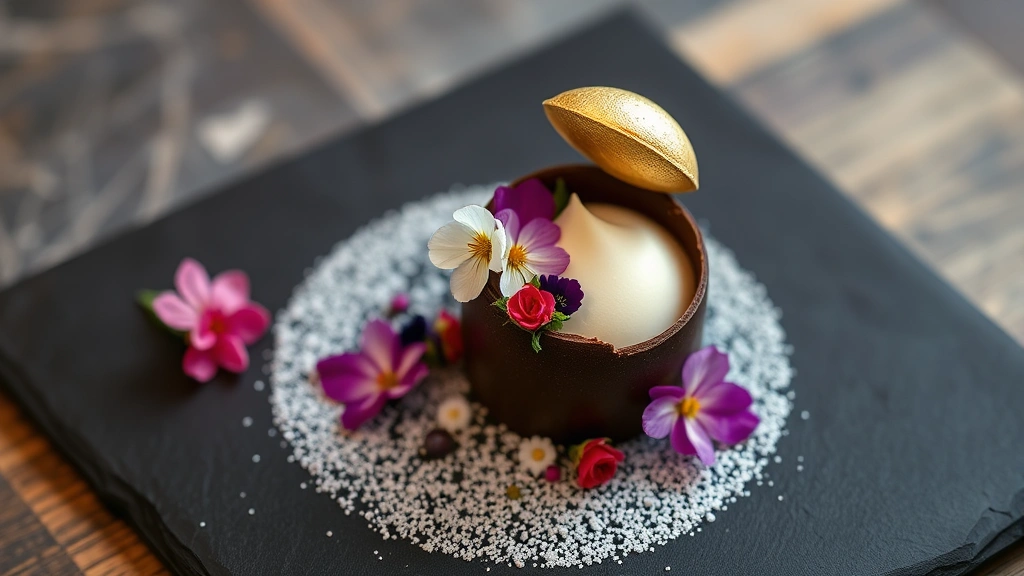 Artfully composed dessert plate featuring dark chocolate sphere with champagne mousse, edible flowers, and gold leaf garnish, plated on slate, professional food photography, fine dining aesthetic