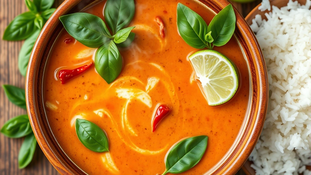 Overhead shot of a vibrant Thai curry in a traditional earthenware bowl with fresh basil leaves, lime wedges, and jasmine rice on the side, steam rising from the aromatic sauce with visible chile flakes and coconut milk swirls