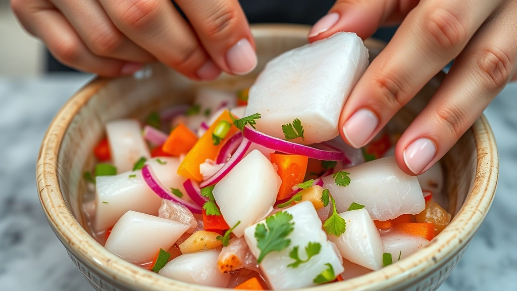 Close-up of hands assembling a Peruvian ceviche with fresh white fish, bright citrus juice, red onions, cilantro, and aji amarillo chiles in a ceramic bowl, showing the delicate texture and fresh ingredients