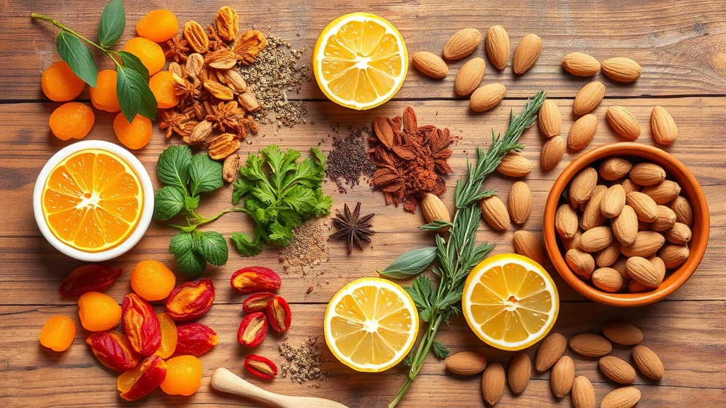 Flat lay of Moroccan tagine ingredients including dried apricots, whole spices, fresh herbs, preserved lemons, and raw almonds arranged artfully on a rustic wooden surface with warm natural lighting highlighting the vibrant colors