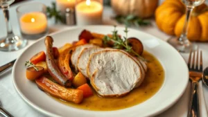 Overhead shot of elegant Thanksgiving plate with herb-brined turkey breast, roasted root vegetables, and sage brown butter sauce on white porcelain, candlelit restaurant background, garnished with fresh thyme