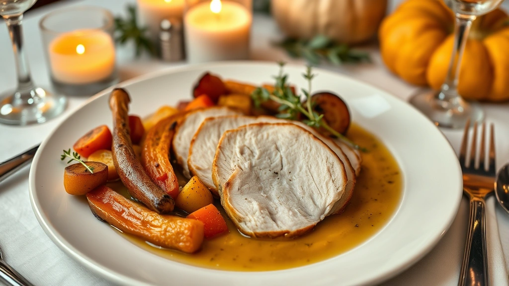 Overhead shot of elegant Thanksgiving plate with herb-brined turkey breast, roasted root vegetables, and sage brown butter sauce on white porcelain, candlelit restaurant background, garnished with fresh thyme