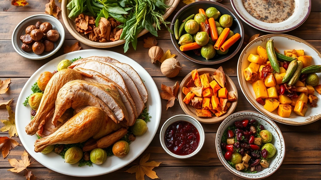 Farm-to-table Thanksgiving spread featuring heirloom turkey, roasted Brussels sprouts with bacon, cranberry compote, and seasonal vegetables family-style on rustic wooden table with autumn leaves