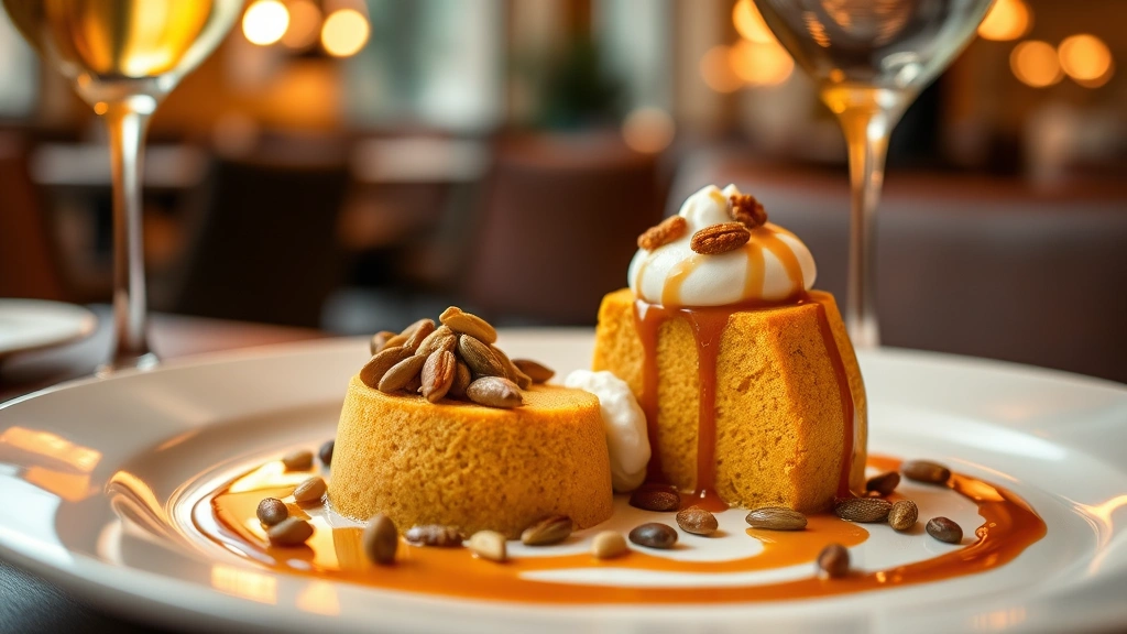 Fine dining Thanksgiving dessert course featuring deconstructed pumpkin mousse with candied seeds, spiced cream, and caramel drizzle with wine glass in soft golden restaurant lighting