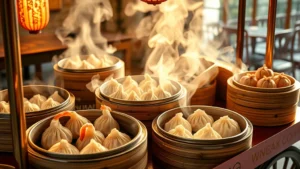 Vibrant dim sum cart with steaming bamboo baskets of dumplings, shrimp shumai, and pork buns, soft natural lighting highlighting delicate textures and golden hues