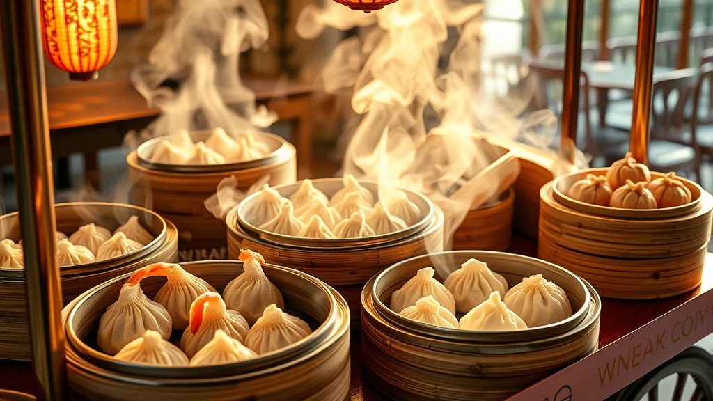 Vibrant dim sum cart with steaming bamboo baskets of dumplings, shrimp shumai, and pork buns, soft natural lighting highlighting delicate textures and golden hues