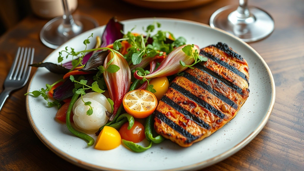 Rustic farm-to-table plate featuring seasonal heirloom vegetables, microgreens, and grilled protein with charred edges, wooden table setting with wine glass