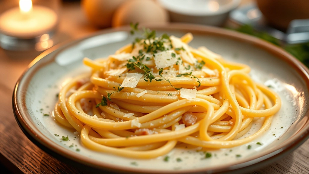Artisanal Italian pasta dish with fresh egg fettuccine in creamy sauce, garnished with parmesan shavings and fresh herbs, shallow depth of field, warm ambient lighting