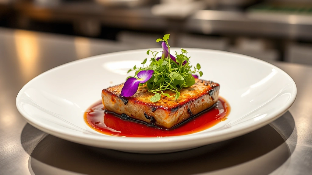 Artfully plated fine dining dish featuring seared protein with vibrant microgreens, edible flowers, and glossy reduction sauce on white ceramic plate, professional restaurant kitchen lighting, shallow depth of field