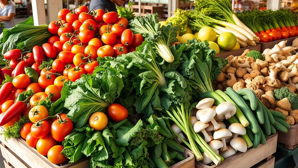 Farmers market display of fresh seasonal vegetables including heirloom tomatoes, leafy greens, root vegetables, and mushrooms in wooden crates, natural morning sunlight, vibrant colors, rustic aesthetic