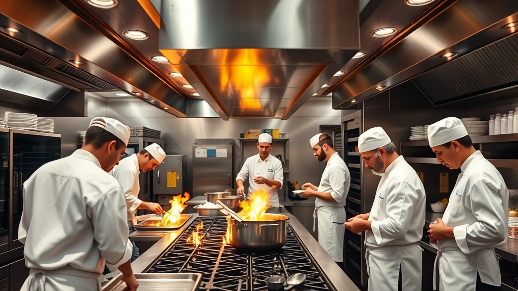 Open kitchen view with professional chefs in white coats working at stations, flames from stovetop visible, stainless steel equipment, organized mise en place, focused concentration on culinary craft