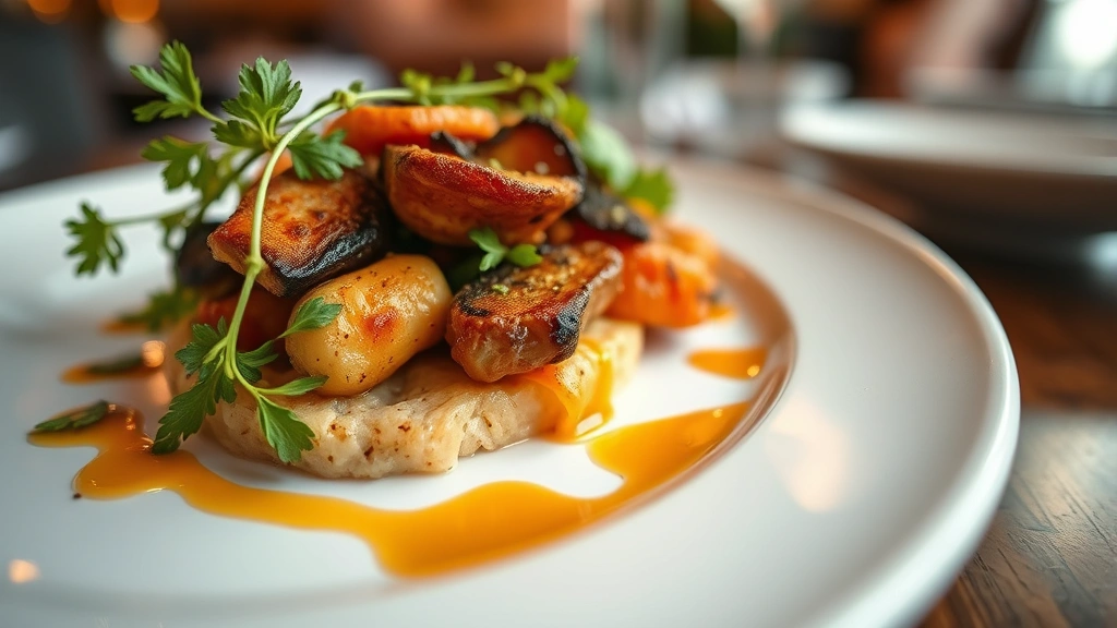 Close-up of artfully plated appetizer with fresh herbs, roasted vegetables, and sauce drizzle on white ceramic plate, warm restaurant lighting, shallow depth of field