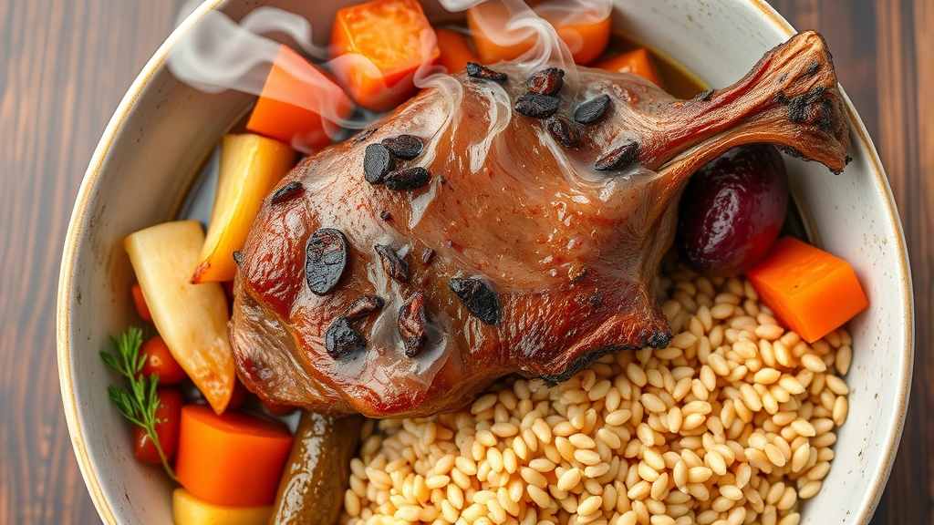 Overhead view of slow-cooked meat dish with seasonal vegetables and grain accompaniment, steam rising, natural textures visible, professional culinary presentation