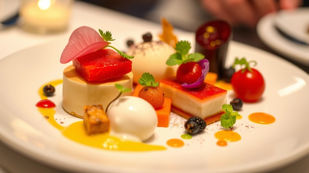 Detailed shot of dessert plate with multiple components, garnishes, and decorative elements, vibrant colors, fine dining plating technique, soft ambient lighting