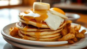 Steaming stack of fluffy buttermilk pancakes with melting butter and golden maple syrup dripping down the sides, served on a white ceramic plate with crispy hash browns and perfectly cooked sunny-side-up eggs, diner aesthetic, warm natural lighting, close-up food photography