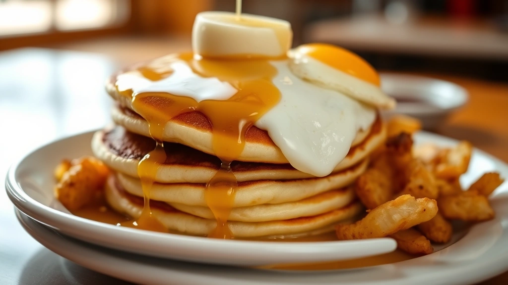 Steaming stack of fluffy buttermilk pancakes with melting butter and golden maple syrup dripping down the sides, served on a white ceramic plate with crispy hash browns and perfectly cooked sunny-side-up eggs, diner aesthetic, warm natural lighting, close-up food photography