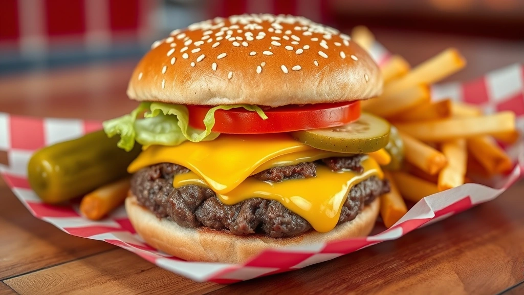 Classic American diner burger with perfectly seared beef patty, melted cheddar cheese, crispy lettuce, ripe tomato slices, and pickles on a toasted sesame bun, served with golden French fries and a pickle spear, on a red checkered diner paper, shallow depth of field
