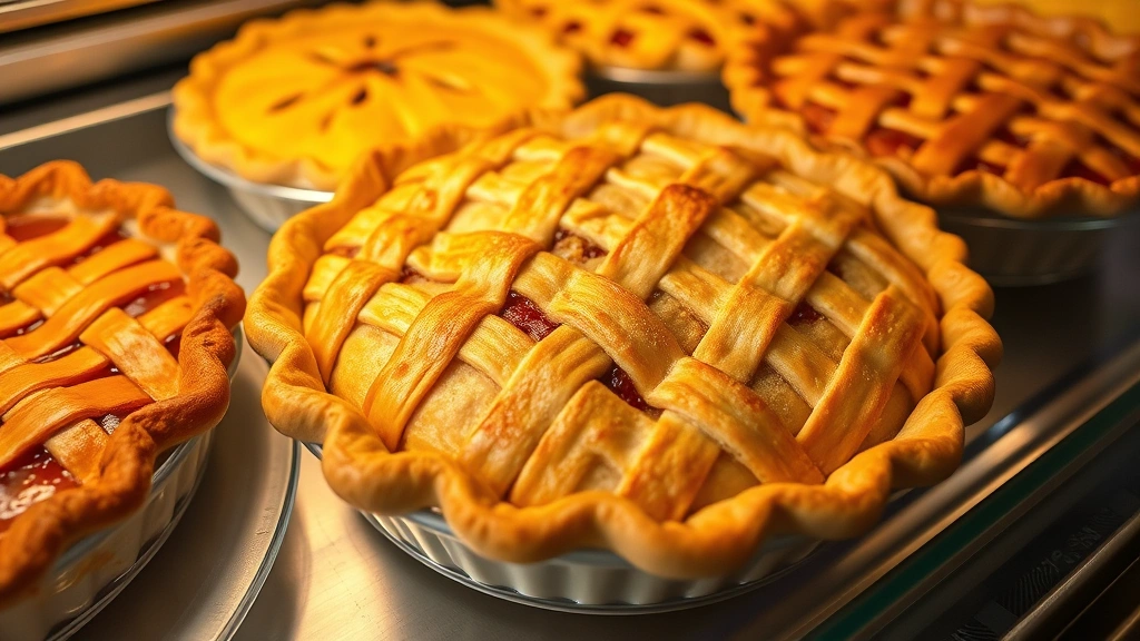 Freshly baked homemade pie with golden-brown crust, displayed in a traditional glass pie case alongside other varieties, showing detailed lattice work and filling visible through the glass, warm diner lighting, showcasing the artisanal quality of classic diner desserts