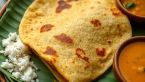 Close-up of perfectly crispy golden-brown Masala Dosa with visible steam rising, served on traditional banana leaf with creamy coconut chutney and spiced sambar alongside, vibrant turmeric-yellow lentil stew visible in small ceramic bowl, natural warm lighting highlighting texture contrast between crispy crepe and soft filling