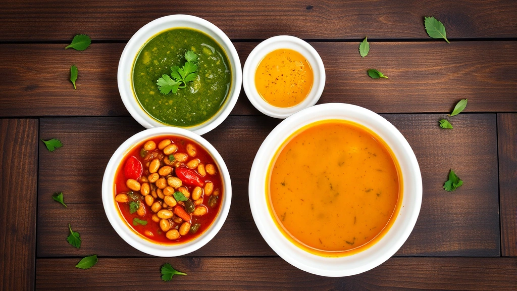 Overhead flat-lay composition of multiple small bowls containing vibrant Indian vegetarian dishes: emerald green cilantro chutney, deep orange-red sambar with visible lentils and vegetables, golden-yellow rasam, contrasting against white ceramic bowls on rustic wooden table surface with scattered curry leaves