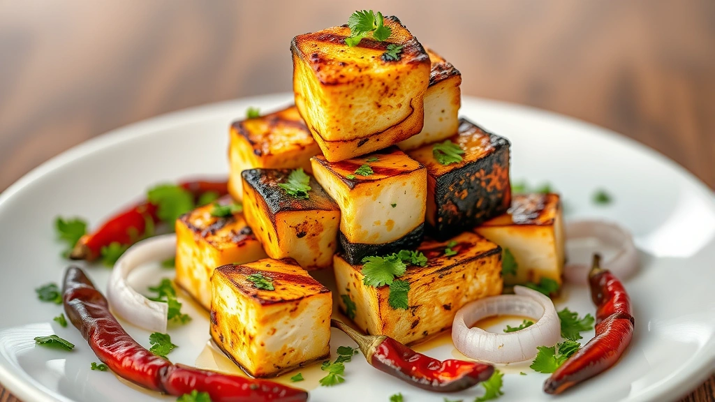 Artistic plated arrangement of Paneer 65 cubes stacked in pyramid formation with charred exterior glistening with oil, surrounded by fresh green cilantro, thin sliced onion rings, and whole dried red chilies on white porcelain, shallow depth of field with warm golden-hour lighting emphasizing crispy texture and color depth