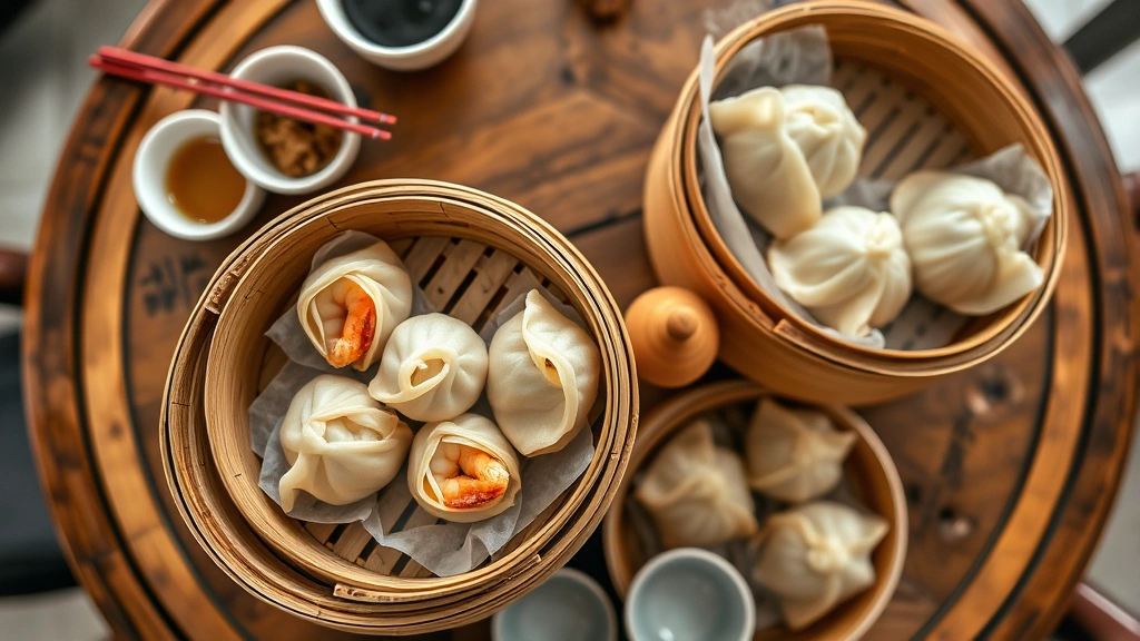 Close-up overhead shot of steaming bamboo dim sum baskets stacked on a traditional round wooden table with lazy Susan, showing delicate shrimp dumplings and pork siu mai glistening with steam, ceramic teacups and chopsticks visible