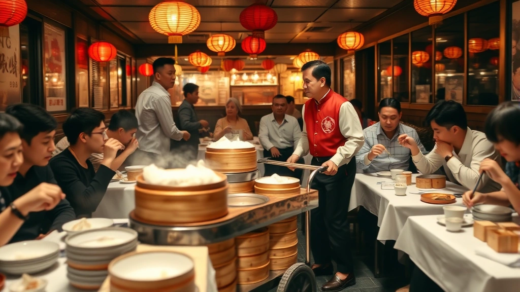 Dynamic action shot of dim sum cart server in traditional attire rolling laden cart past crowded dining tables, multiple steaming baskets visible, diners reaching with chopsticks, warm red lantern lighting, authentic Hong Kong dim sum parlor atmosphere