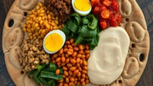 Close-up overhead view of traditional Ethiopian meal spread on injera flatbread, featuring vibrant red doro wat with hard-boiled eggs, golden misir wat lentils, deep green gomen collard greens, and creamy shiro, all arranged on large round spongy bread, shallow depth of field emphasizing color contrast and texture