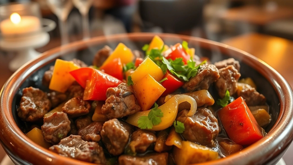 Steaming bowl of Ethiopian tibs with tender sautéed beef chunks, bright red and yellow bell peppers, caramelized onions, fresh tomatoes, garnished with green cilantro, steam rising, warm restaurant lighting reflecting off the ceramic bowl, close-up detail shot showing meat caramelization and vegetable texture