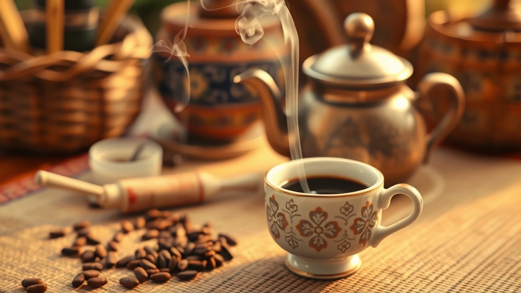 Traditional Ethiopian coffee ceremony setup with small ornate white ceramic cup filled with dark aromatic coffee, coffee pot in background, incense smoke wisping around, traditional woven basket and Ethiopian decorative elements softly blurred in background, warm golden hour lighting creating intimate atmosphere