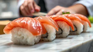 Close-up of pristine nigiri sushi with glistening raw fish on pearl-white sushi rice, chef's hands visible in soft focus, marble counter background, professional sushi bar lighting, photorealistic food photography