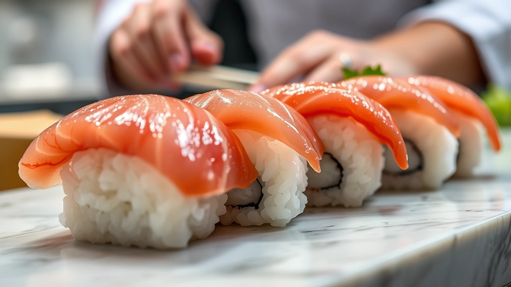 Close-up of pristine nigiri sushi with glistening raw fish on pearl-white sushi rice, chef's hands visible in soft focus, marble counter background, professional sushi bar lighting, photorealistic food photography