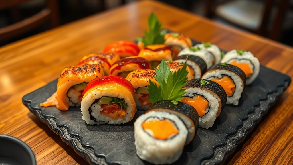 Overhead shot of colorful sushi rolls arranged on slate plate with house-made kimchi, fermented vegetables, and perilla leaves as garnish, shallow depth of field, warm restaurant ambiance, vibrant food styling