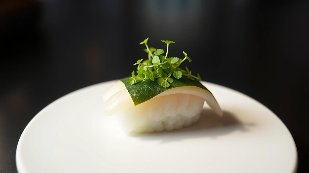 Artistic plating of uni nigiri topped with perilla leaf and microgreens, single piece centered on minimalist white ceramic, soft diffused lighting highlighting translucent seafood quality, fine dining presentation