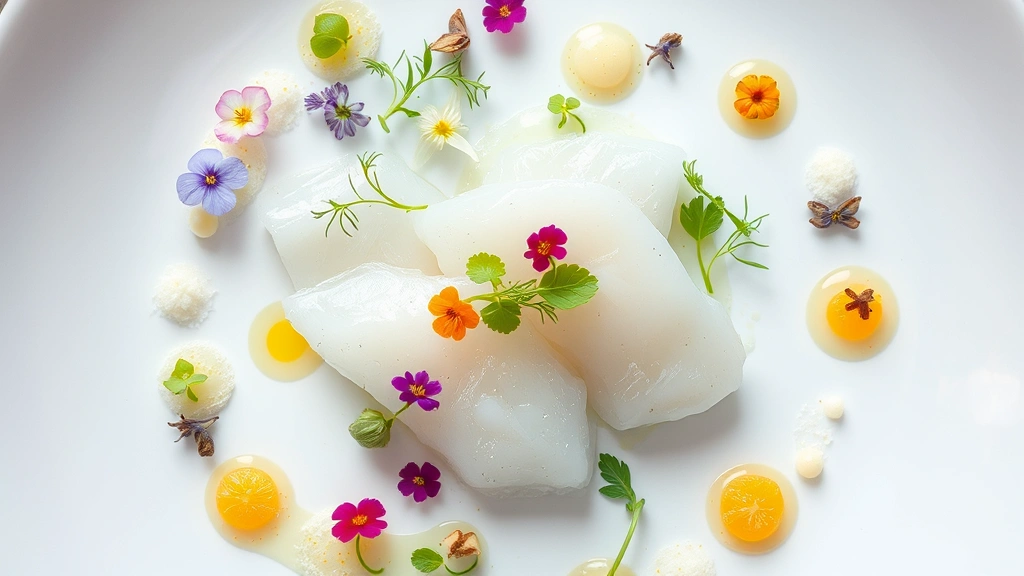 Overhead view of an elegantly plated seafood crudo course with translucent white fish slices, microgreens, edible flowers, citrus foam on white porcelain plate
