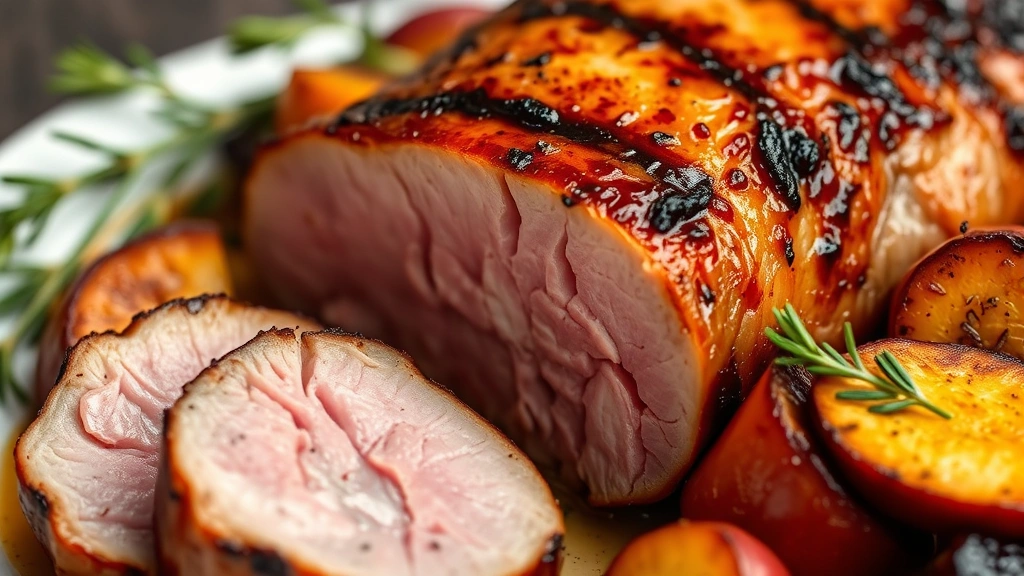 Close-up of a perfectly seared duck breast with golden-brown skin, sliced to reveal pink interior, accompanied by roasted root vegetables and herb garnish