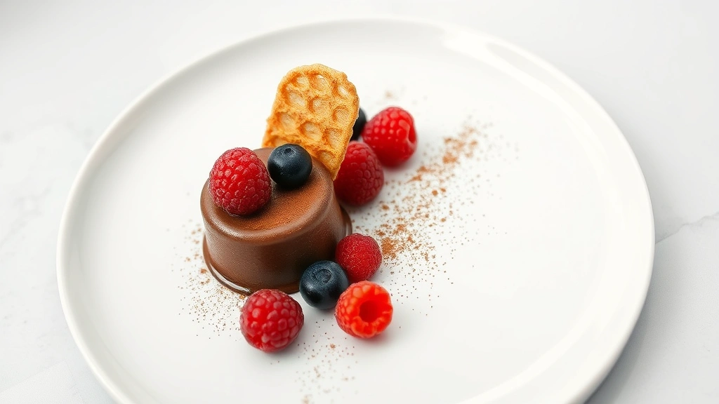 Artistic plating of a chocolate dessert composition featuring dark chocolate mousse, crispy tuile, cocoa powder dust, and fresh berries arranged on minimalist white plate