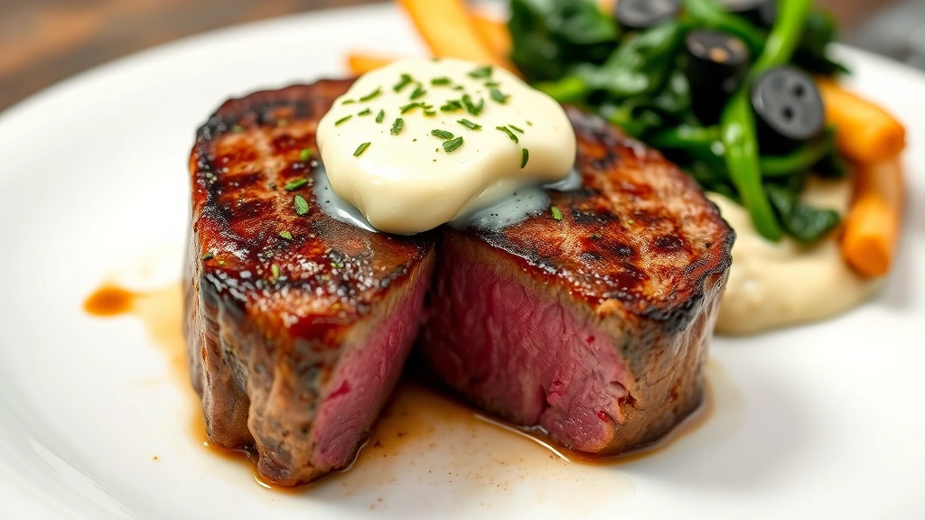 Perfectly seared dry-aged ribeye steak with caramelized brown crust, cross-section revealing pink warm center, topped with herb compound butter melting across surface, accompanied by creamed spinach and truffle fries on white plate