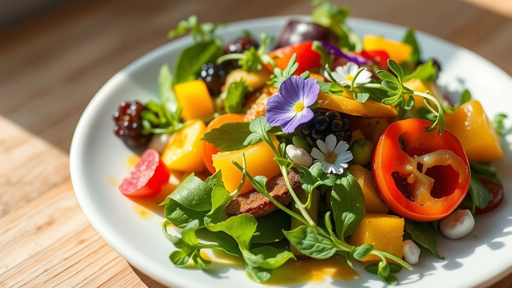 Artfully composed farm-to-table salad featuring vibrant seasonal vegetables, microgreens, edible flowers, fresh herbs, light vinaigrette glistening on leaves, sunlight highlighting natural colors and textures on ceramic white plate
